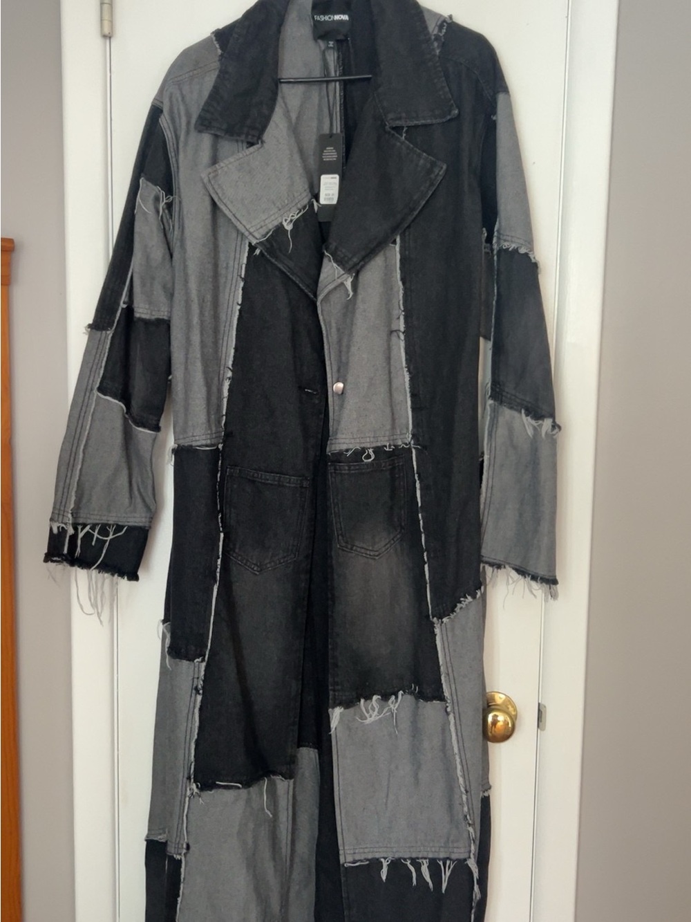 Fashion Nova Patchwork Denim Trench Coat - Black & Gray